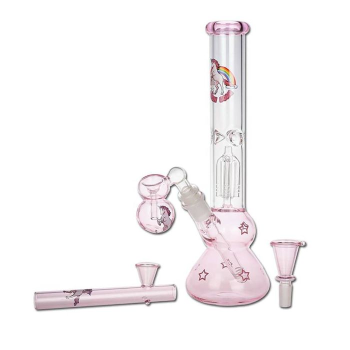 Glass Percolator Ice Bong | Unicorn (Black Leaf) main product photo