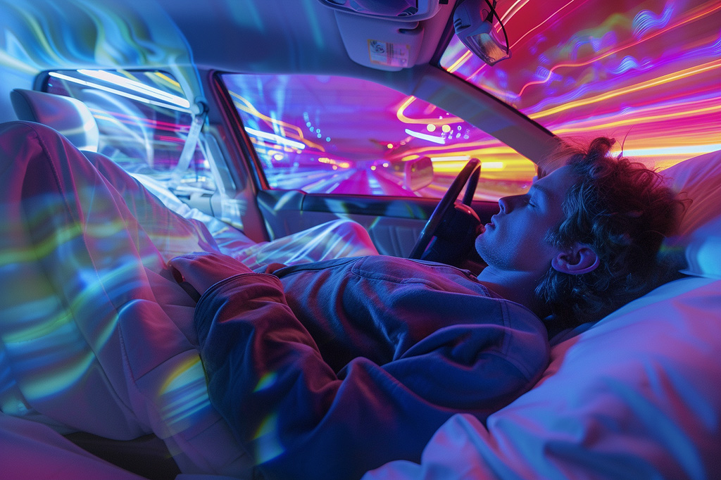Person sleeping in the car experiencing an intense dream, evident from the illustrative colors.