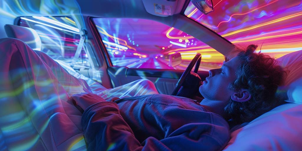 Person sleeping in the car experiencing an intense dream, evident from the illustrative colors.