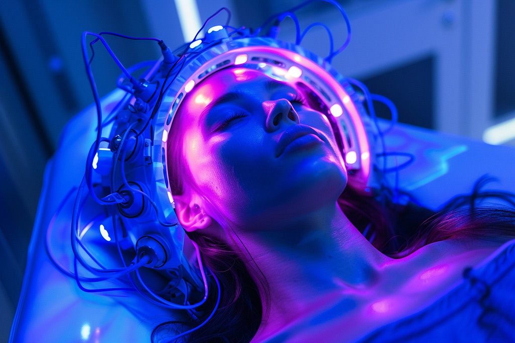 woman sleeping in a sleep clinic with an advanced EEG device on her head.