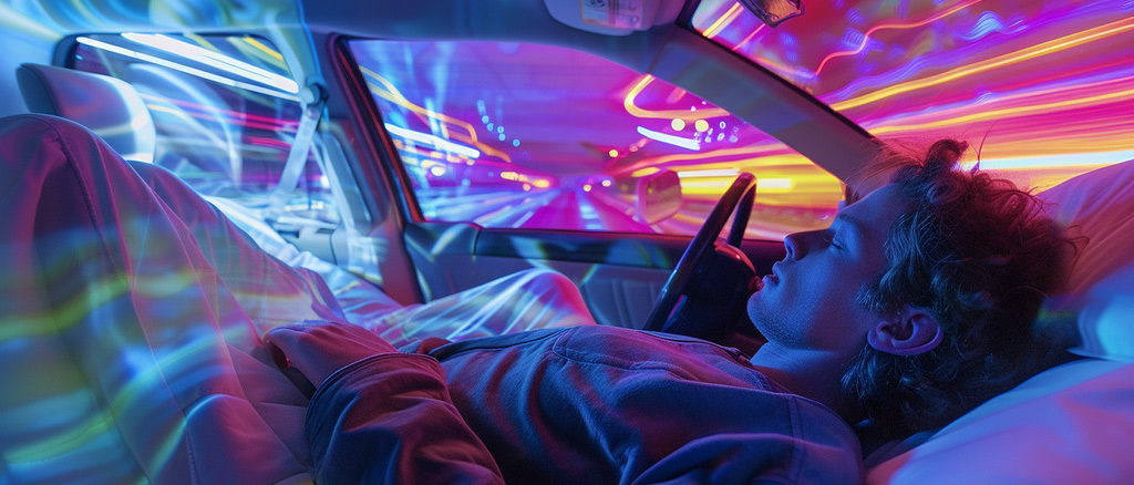 Person sleeping in the car experiencing an intense dream, evident from the illustrative colors.