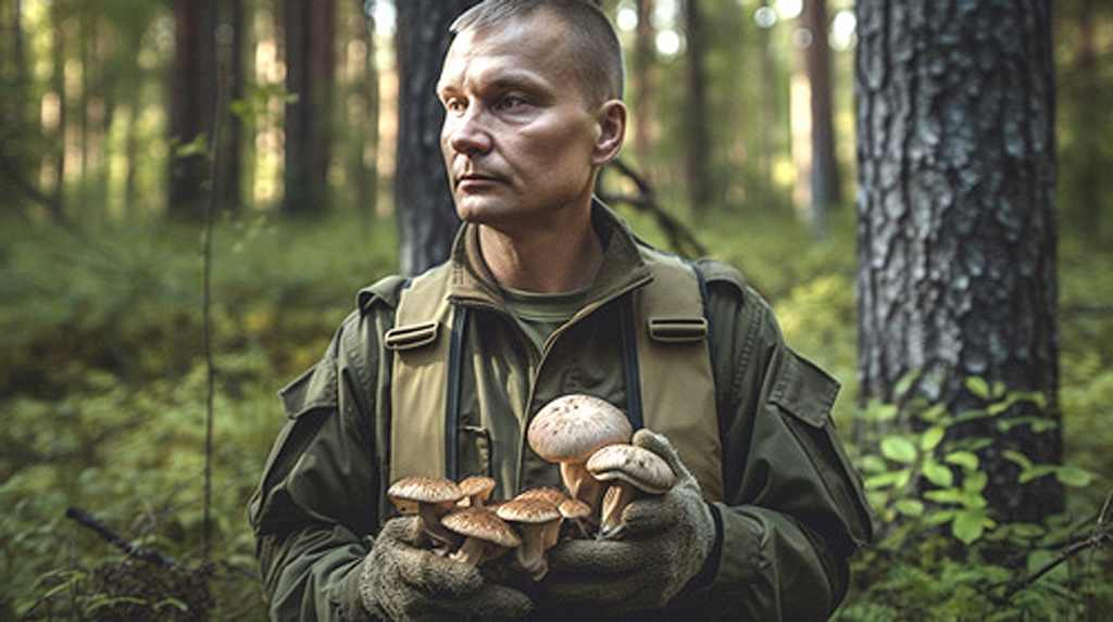 guerrilla man harvesting mushrooms in the forest