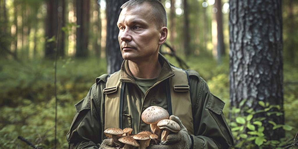 guerrilla man harvesting mushrooms in the forest