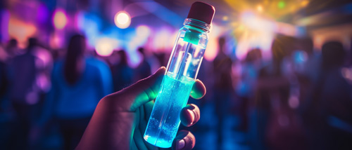 Blue liquid in a glass vial at a party scene.