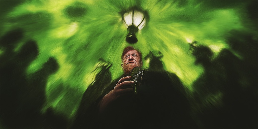 illustration of Vincent van Gogh drinking absinthe and hallucinating.
